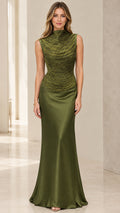Front full view of woman wearing high-neck olive green beaded bodice satin maxi gown