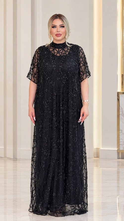Front view of black beaded high neck short sleeve maxi evening dress
