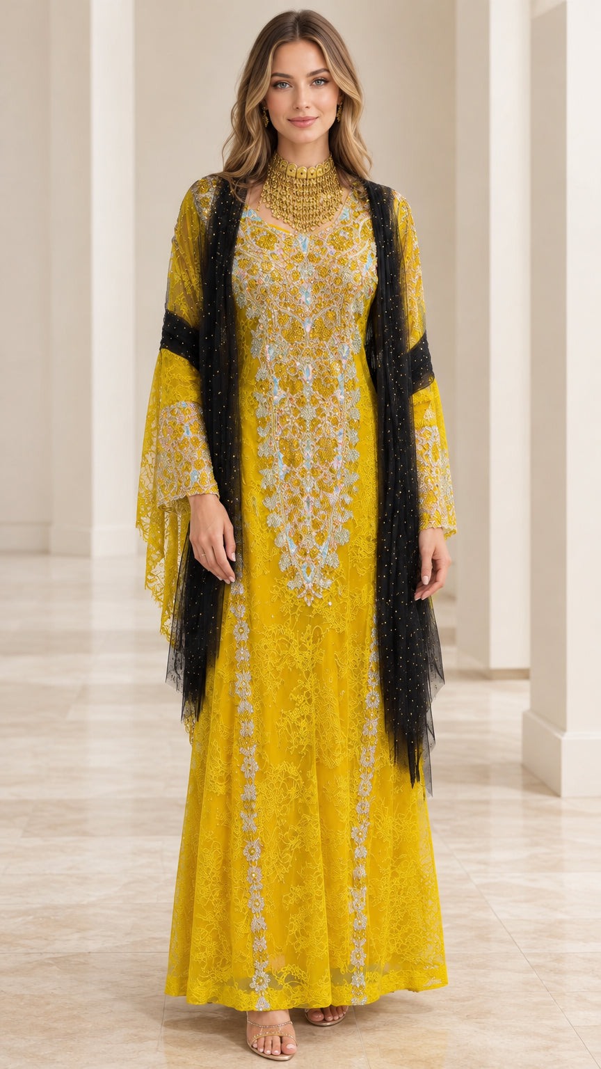 Yellow embroidered lace kaftan maxi dress front view with black draped scarf
