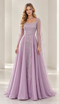 Front full view of woman wearing lavender embroidered beaded evening gown with cape sleeves