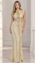Champagne Gold beaded sequin evening gown with high neckline and fringe shoulders front view