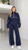 Navy blue women's two-piece fleece tracksuit set front view