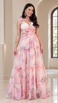 Model wearing Blush Pink floral print cutout tiered maxi dress front view