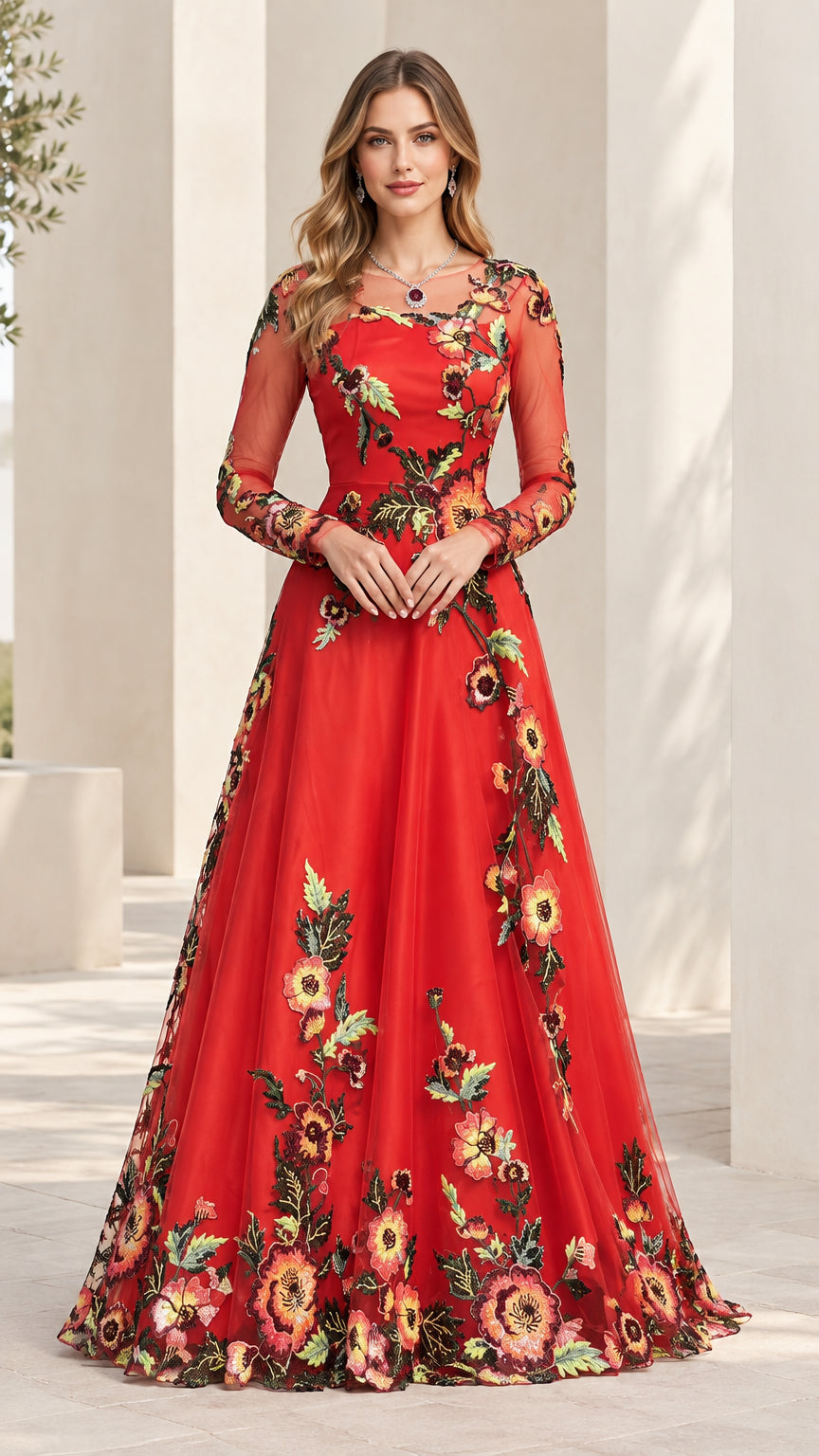 Front view of red floral embroidered long sleeve A-line evening gown