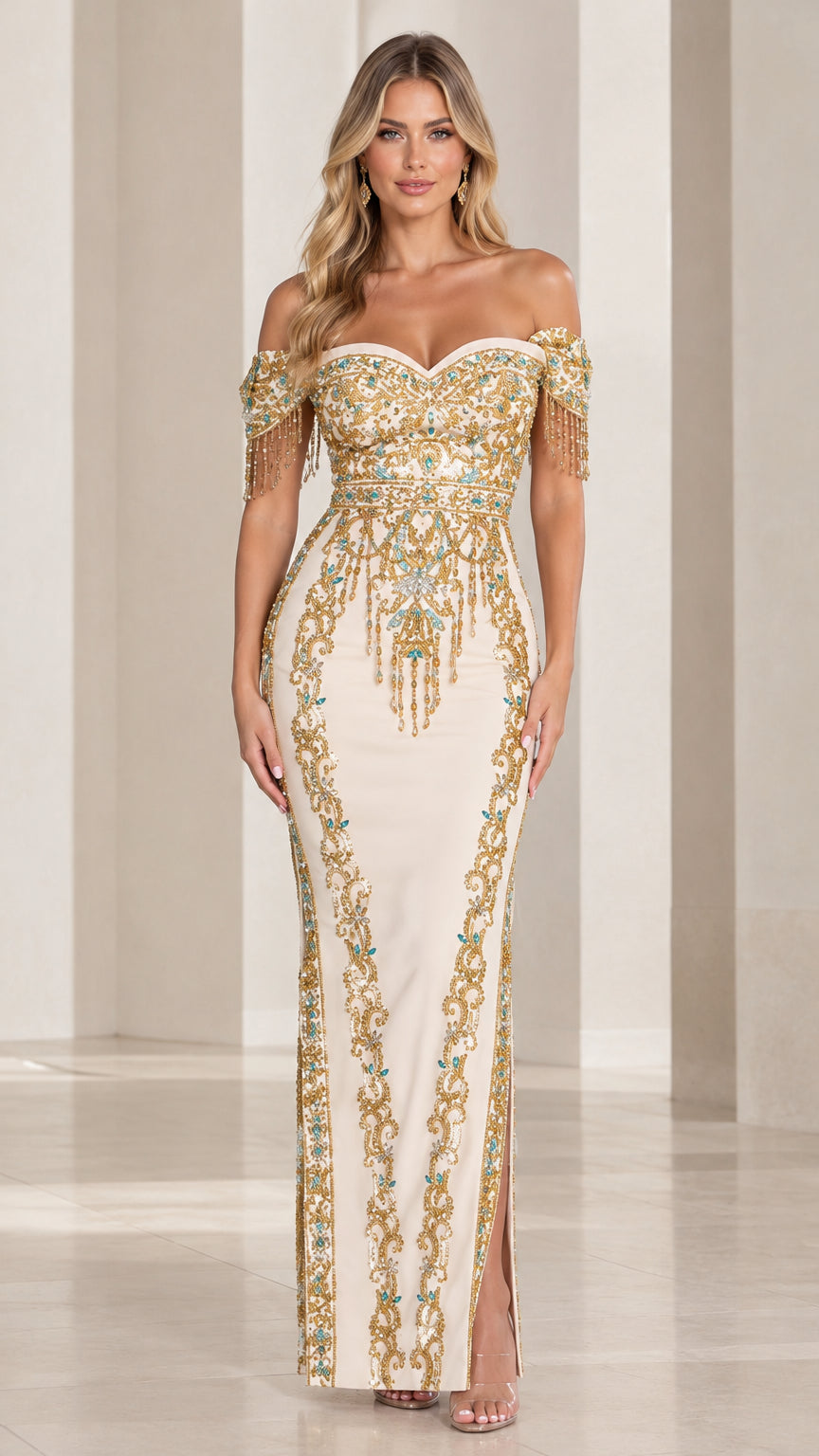 Ivory off-the-shoulder beaded evening gown with gold embroidery and fringe sleeves, front view