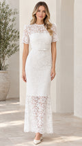 Front view of woman wearing white short sleeve floral lace maxi dress