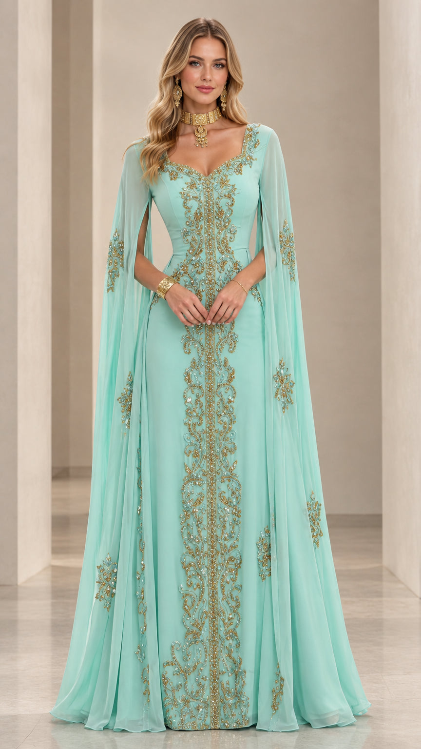 Front view of model wearing mint green embroidered cape sleeve kaftan evening gown