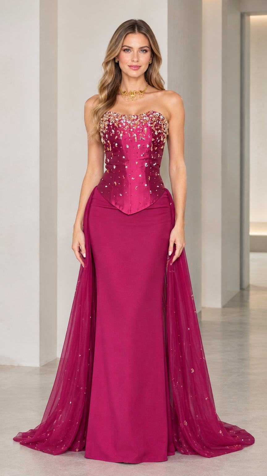 Front view of model wearing magenta strapless beaded corset evening gown with tulle overskirt train