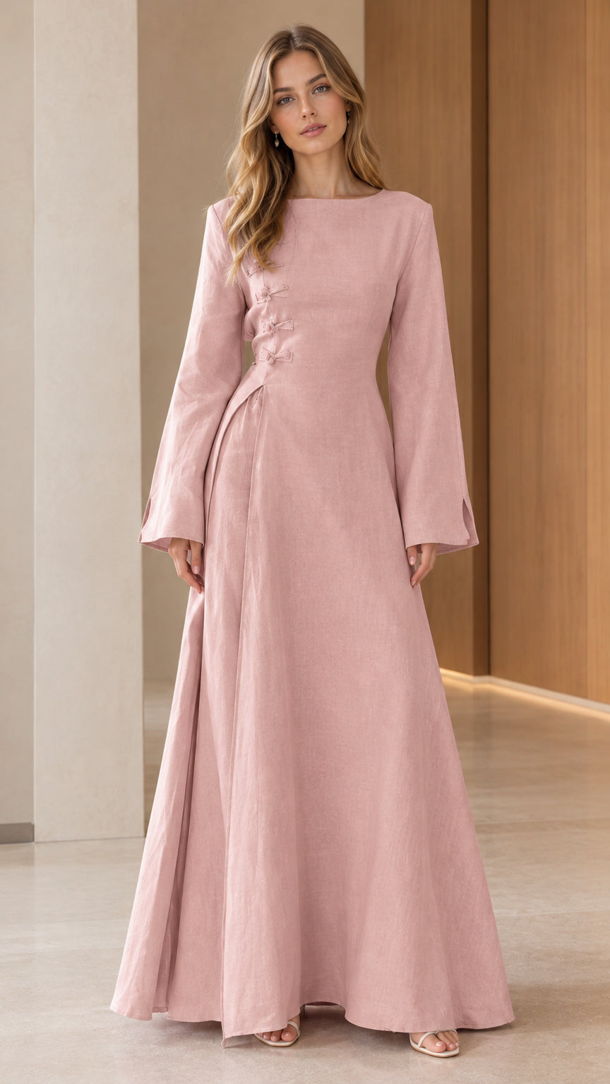 Front view of model wearing Blush Pink boat neck jacquard maxi dress with knot details