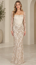 Full front view of champagne long sleeve sequin corset maxi gown
