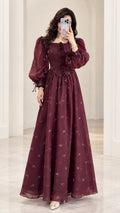 Front view of model wearing Wine Red square neck embroidered chiffon maxi dress