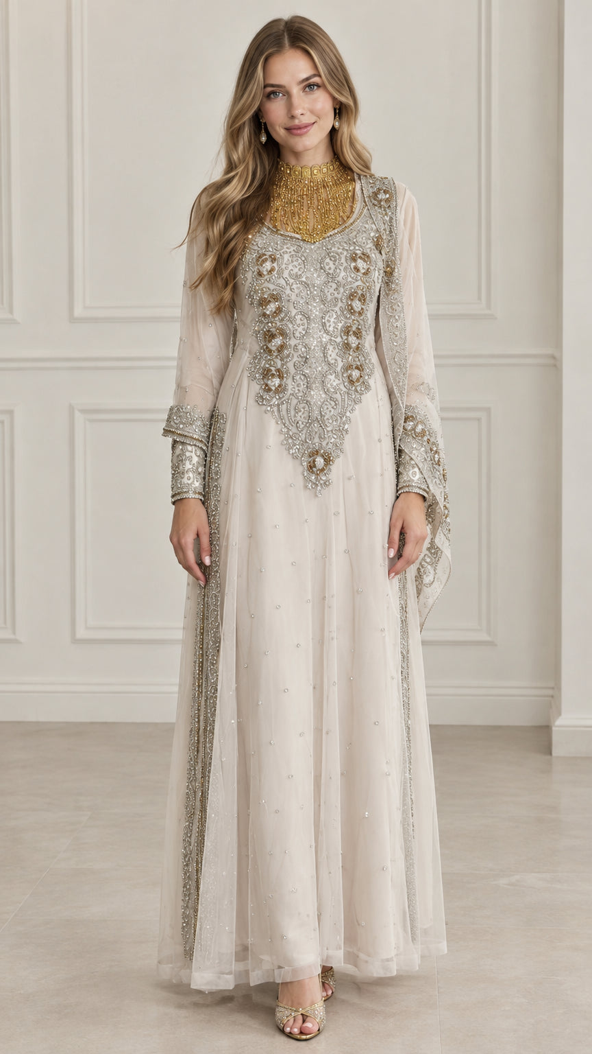 Front full-length view of woman wearing ivory embroidered kaftan maxi dress