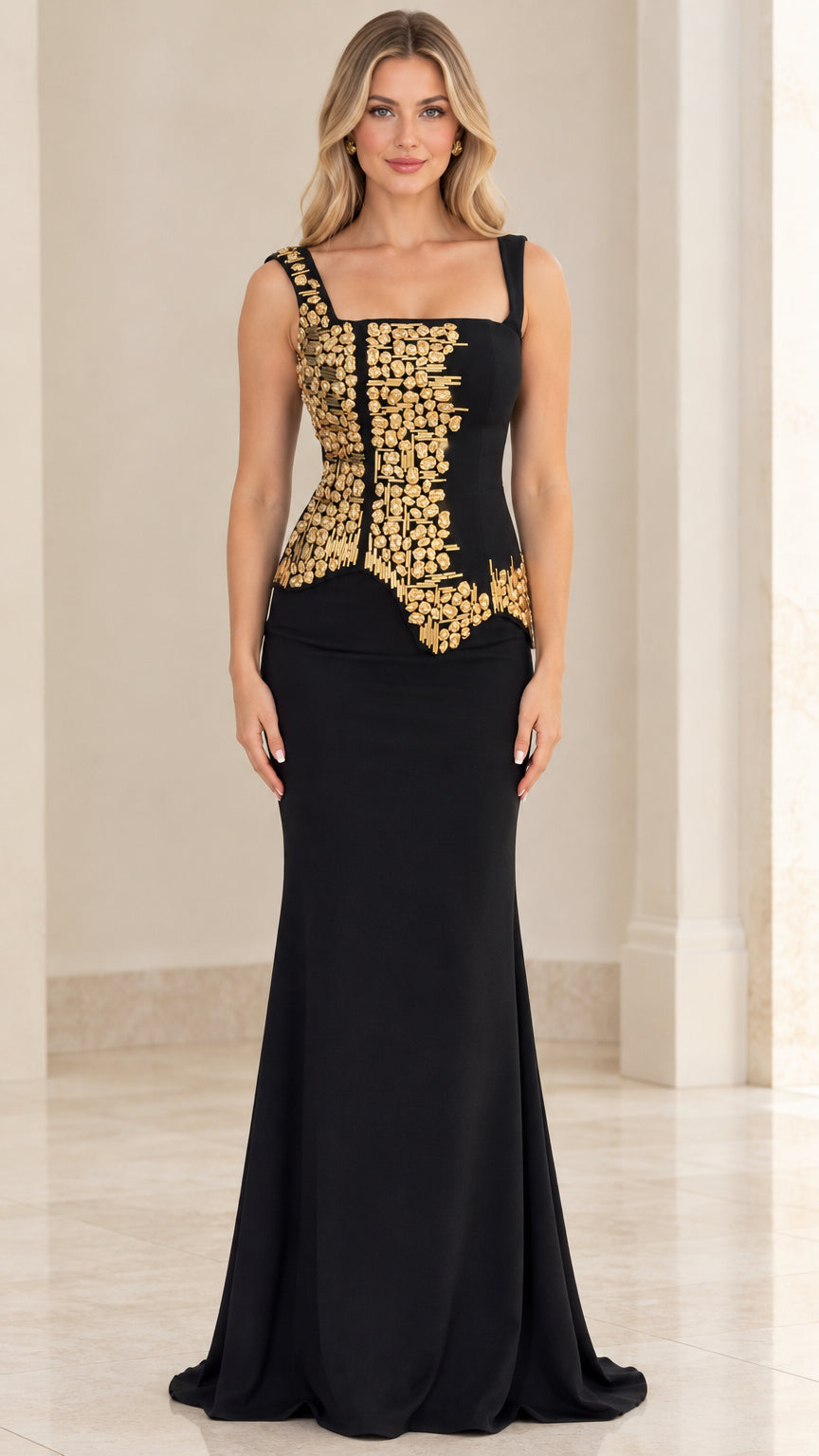 Front view of black square neck mermaid evening gown with gold beaded bodice embellishment
