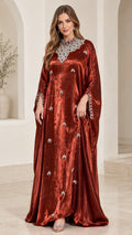 Rust red shimmering kaftan maxi dress with crystal embellished collar front view