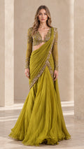 Front view of olive green pre-draped saree gown with long sleeve beaded bodice