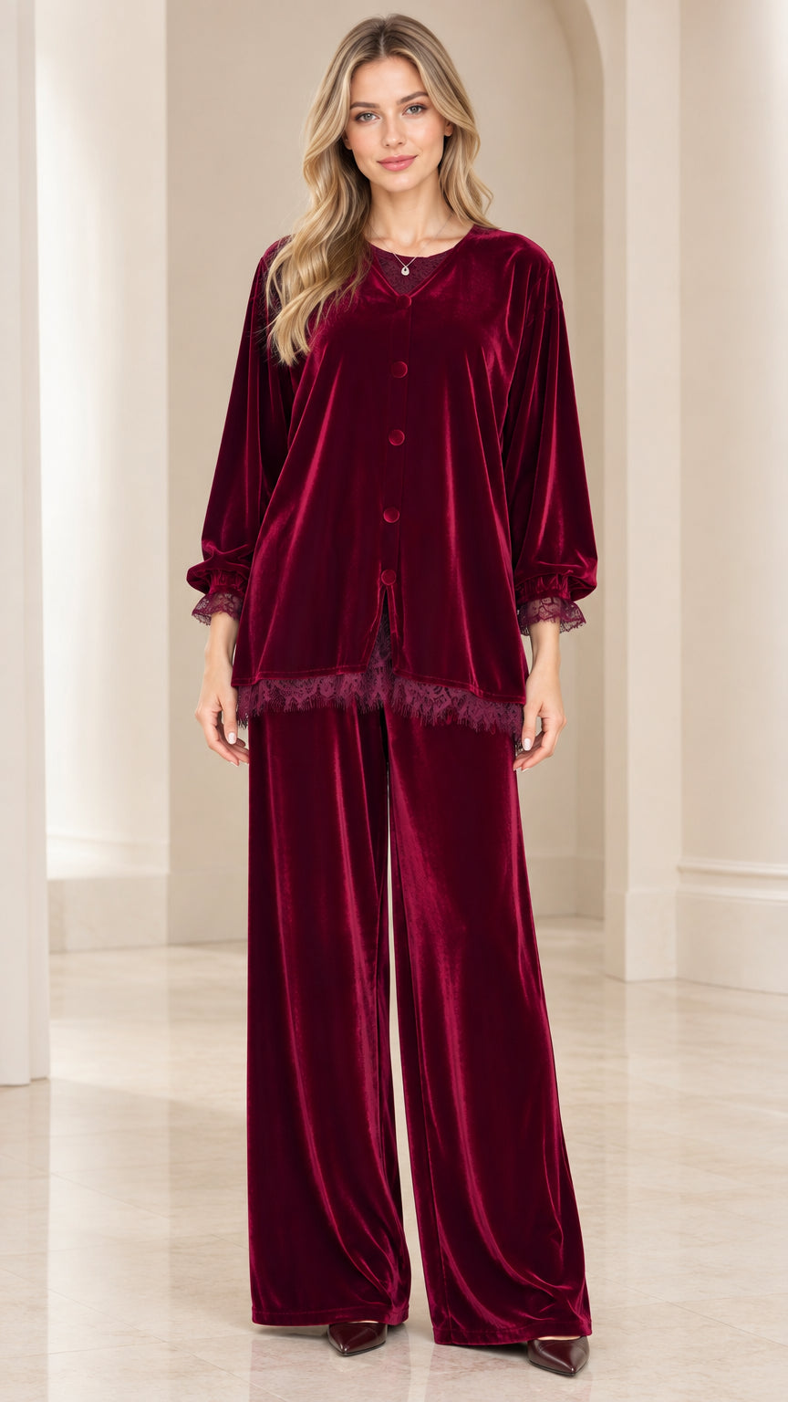 Front full view of women's burgundy velvet pajama set with lace trim and wide-leg trousers