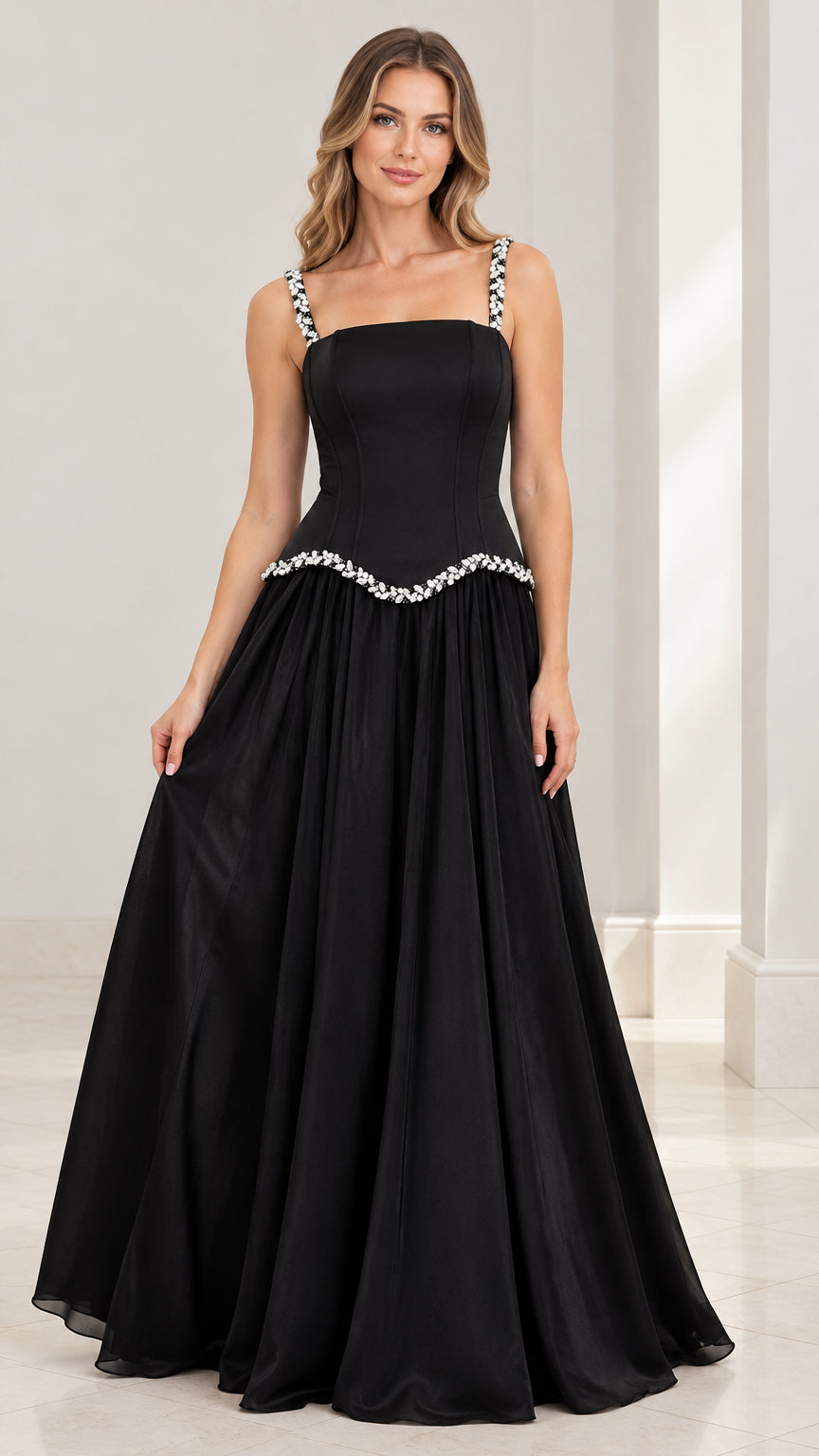 Full front view of model wearing the black rhinestone strap basque waist evening gown
