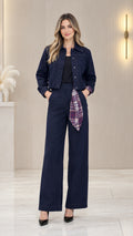 Full front view of women's navy blue cropped jacket and wide-leg trousers set with plaid waist accent