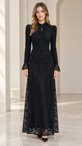 Full-length front view of woman wearing Black long-sleeve floral lace maxi dress