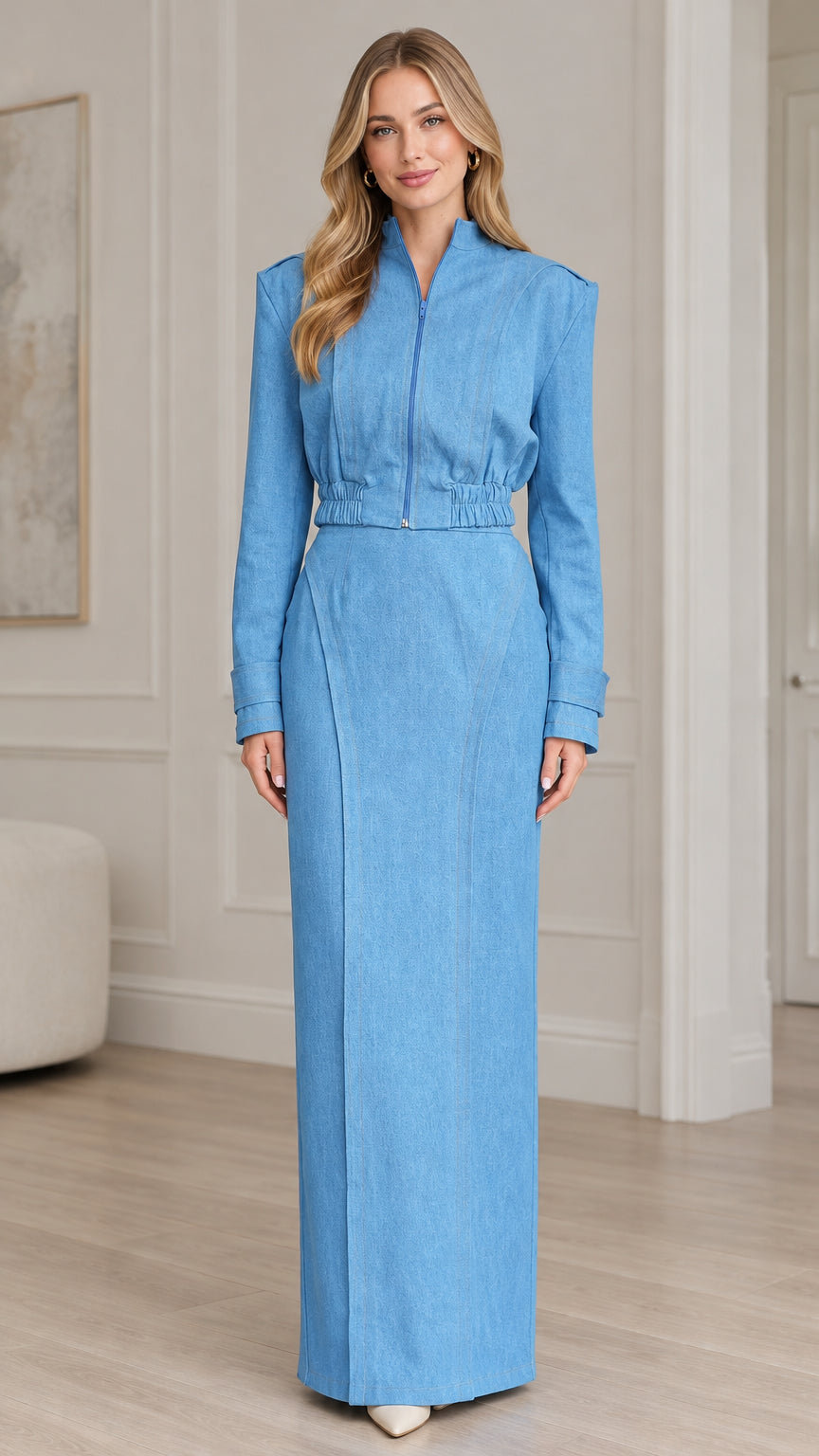 Sky blue structured zip jacket and matching column maxi skirt set front view