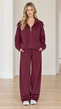Full front view of model wearing burgundy half-zip sailor collar sweatshirt and wide-leg pants lounge set