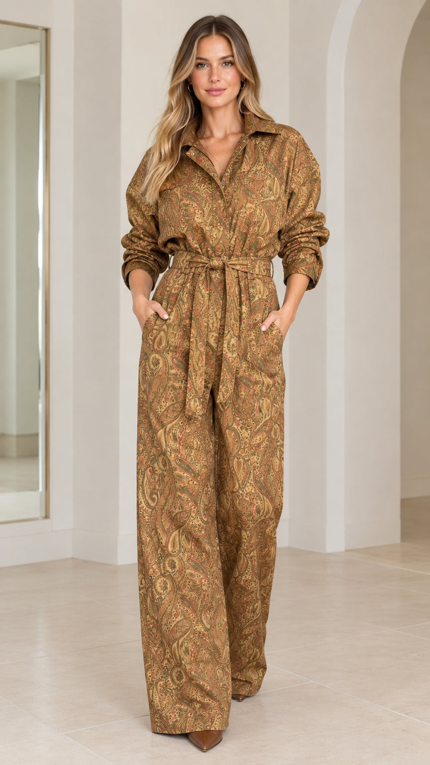 Front view of woman wearing camel vintage paisley long sleeve wide leg jumpsuit with tie belt
