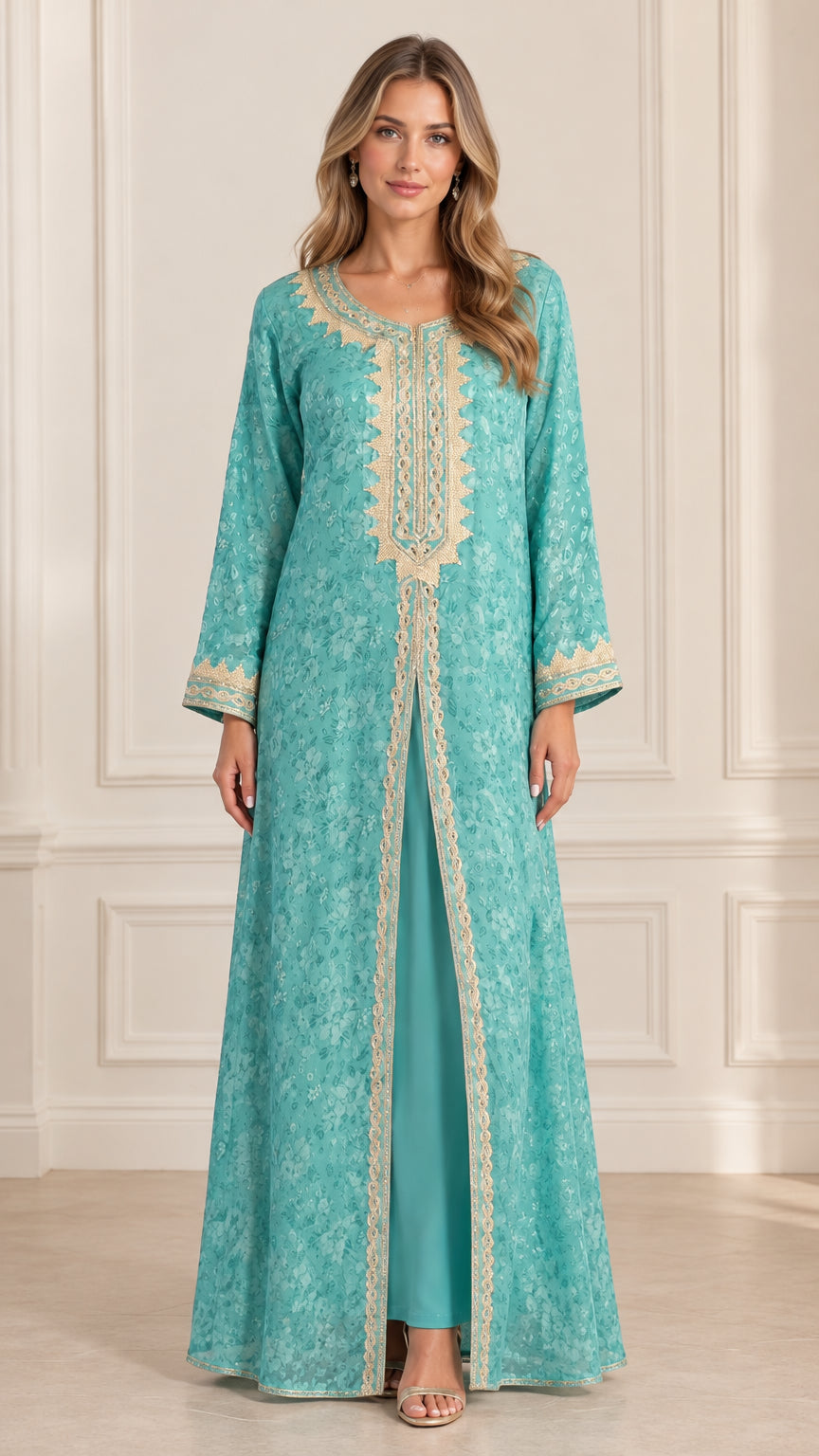 Front view of woman wearing turquoise floral jacquard embroidered layered kaftan dress