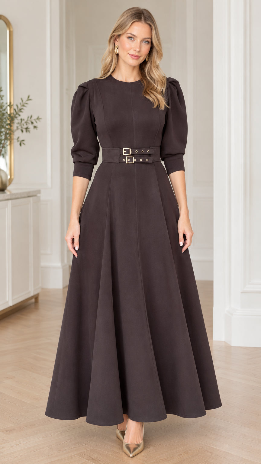Front view of model wearing espresso brown puff sleeve belted maxi dress
