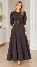 Front view of model wearing espresso brown puff sleeve belted maxi dress