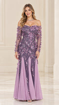 Front full-length view of dusty purple off-the-shoulder 3D floral long sleeve evening gown