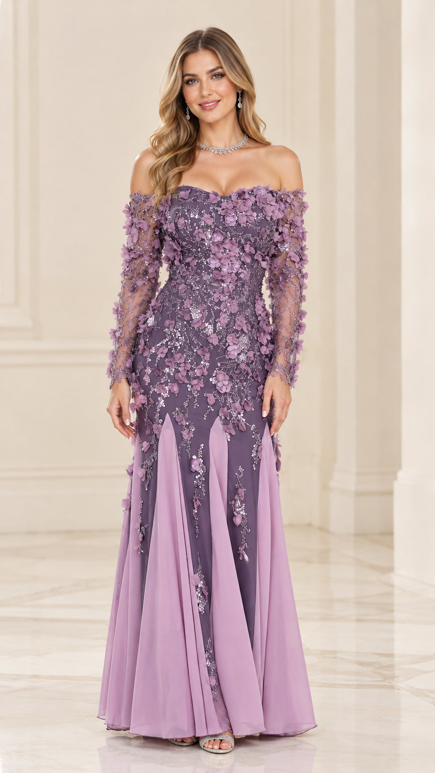 Front full-length view of dusty purple off-the-shoulder 3D floral long sleeve evening gown