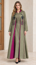Full front view of sage green two-piece abaya dress set with beaded palm embroidery and magenta lining