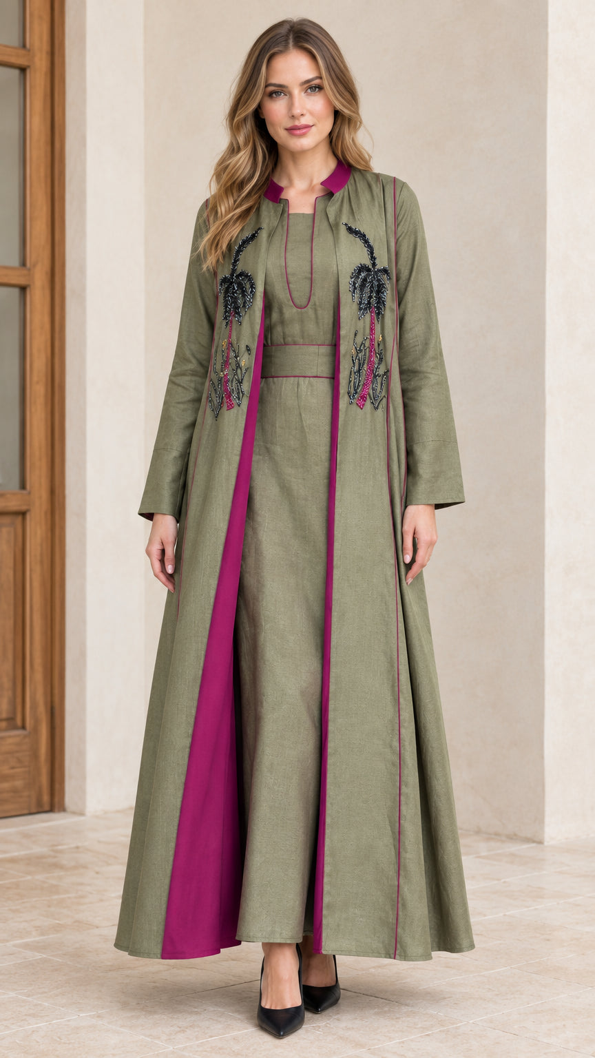 Full front view of sage green two-piece abaya dress set with beaded palm embroidery and magenta lining
