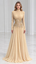 Front view of model wearing Champagne high-neck embellished evening gown