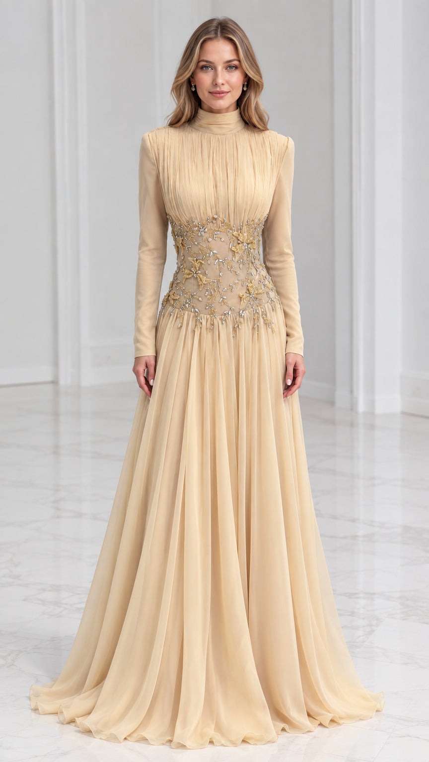 Front view of model wearing Champagne high-neck embellished evening gown