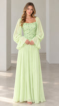 Front full-length view of mint green sequin bodice evening dress with long flounce sleeves