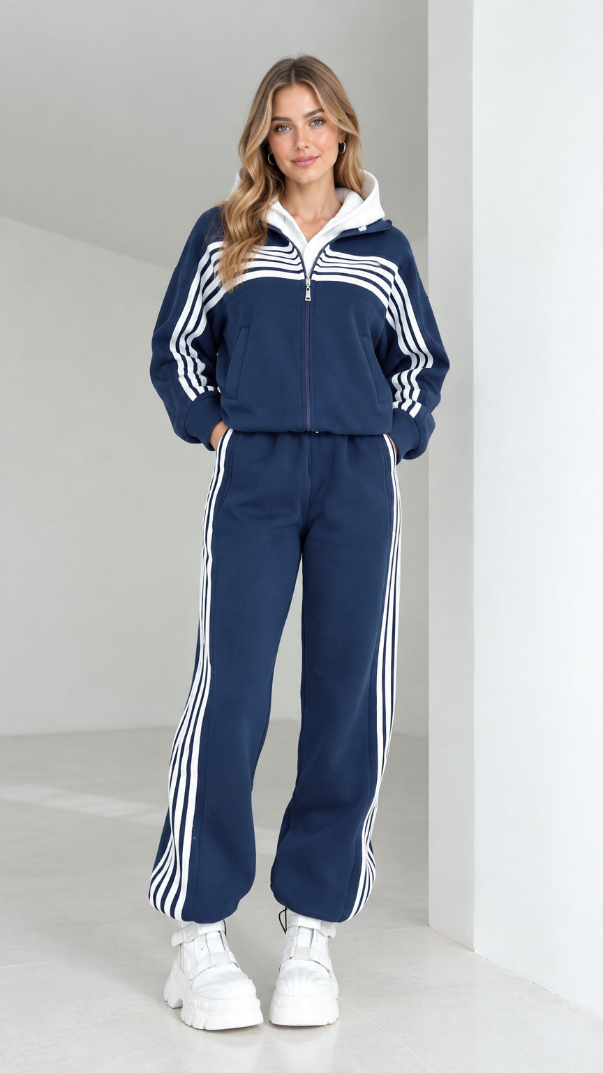 Front full view of woman wearing navy blue striped 2-piece tracksuit set with white hood and sneakers