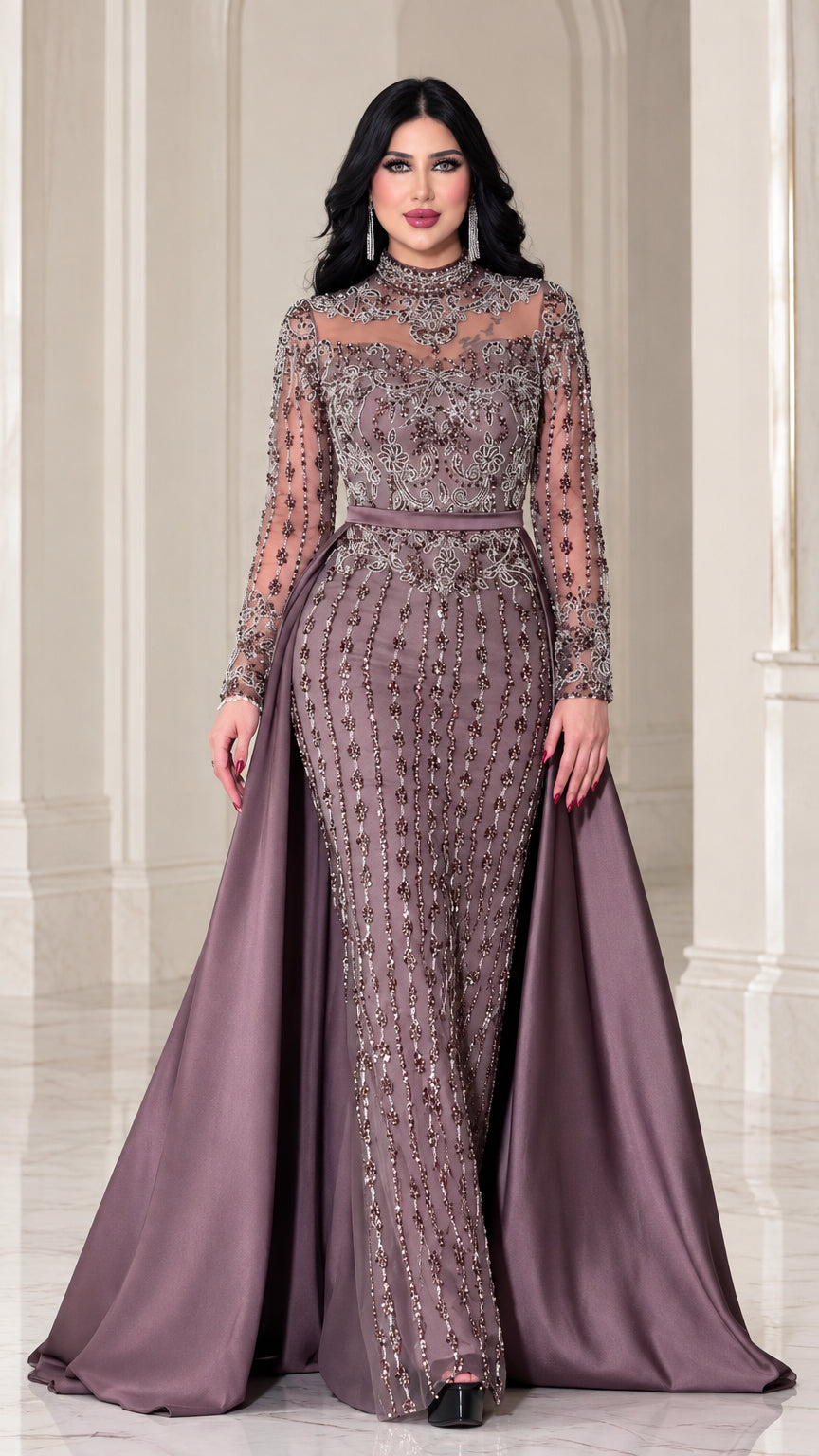 Dusty mauve beaded high neck evening gown with satin overskirt front view