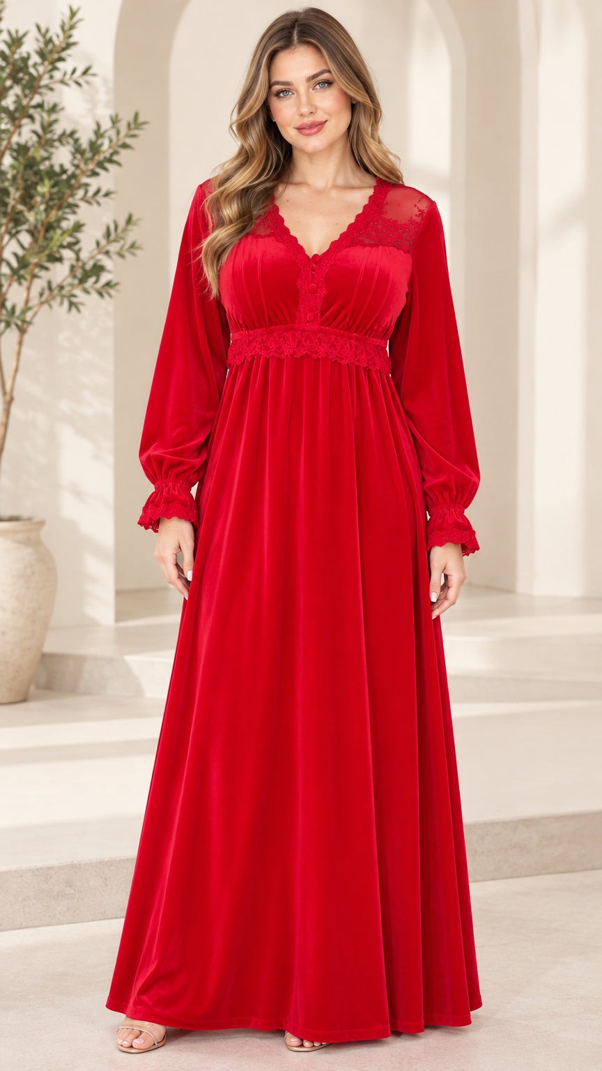 Front full view of woman wearing Red lace trim velvet maxi dress
