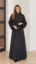 Front view of woman wearing charcoal grey belted maxi overcoat