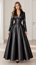Front full-length view of woman wearing black faux leather maxi dress with lapel collar