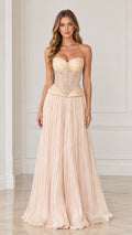 Front full-length view of model wearing Champagne strapless corset evening gown