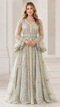 Front full-length view of model wearing Sage Green embroidered Moroccan kaftan maxi dress