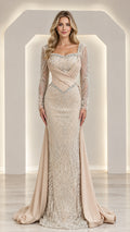 Champagne beaded evening gown with draped satin bodice and flowing overskirt front view
