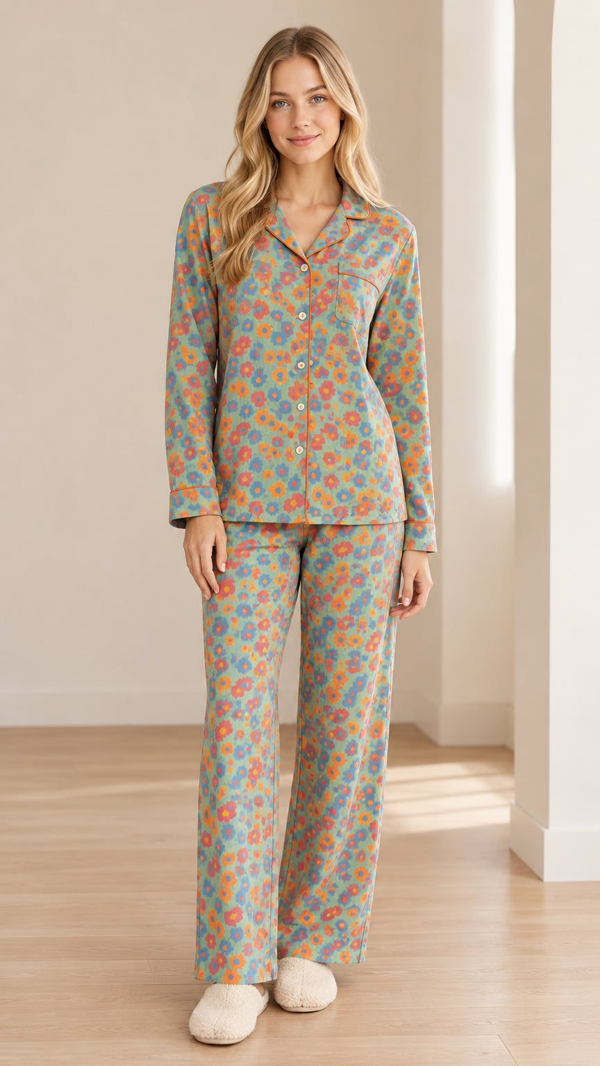 Full front view of model wearing dusty blue floral long sleeve pajama set