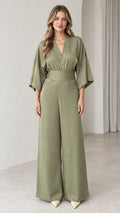 Front view of model wearing Sage Green kimono sleeve wide leg jumpsuit