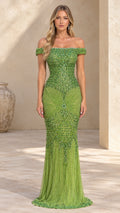 Front view of model wearing lime green off-the-shoulder beaded mermaid evening gown