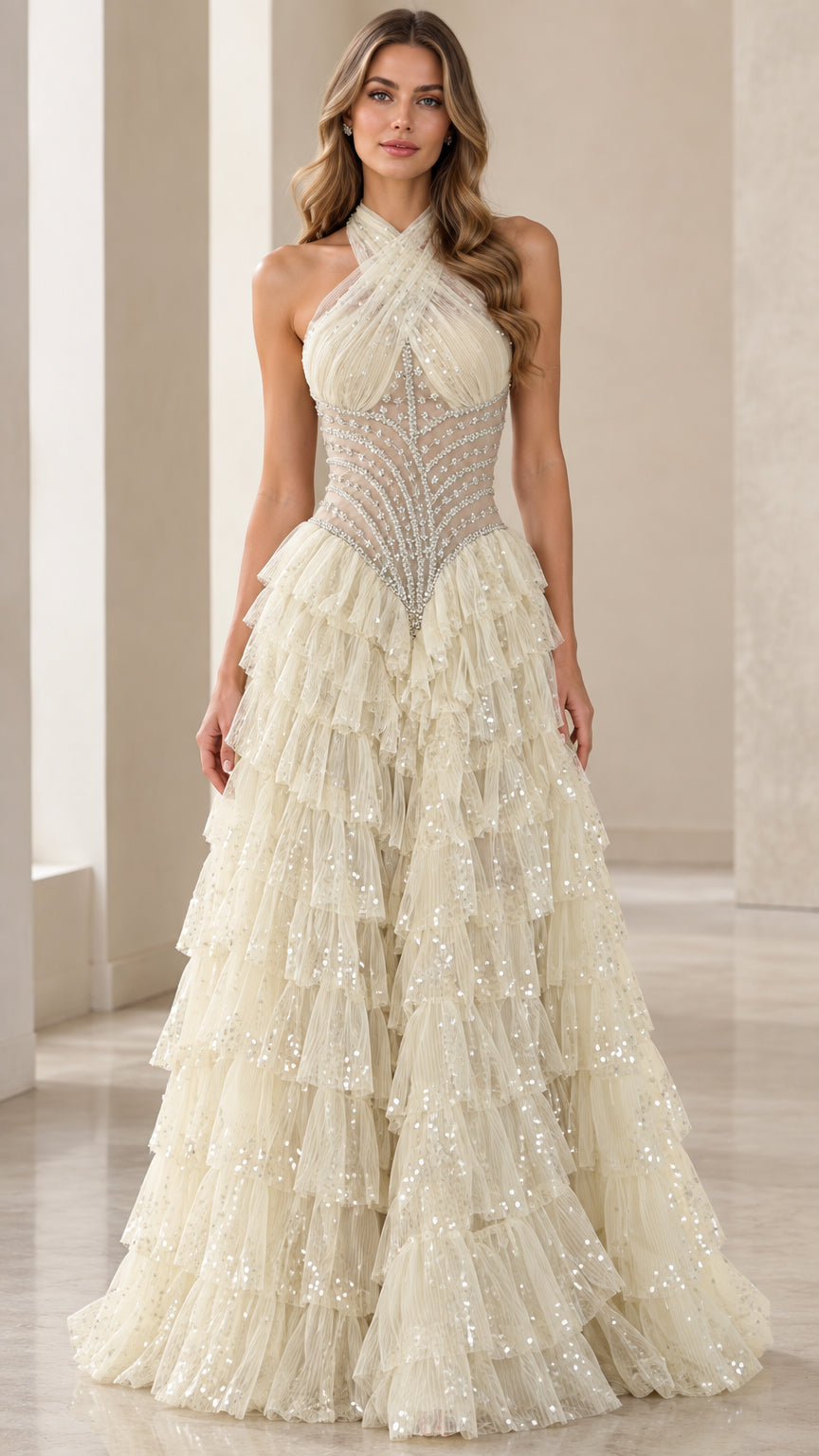 Model wearing an Ivory halter neck beaded tiered tulle evening gown front view