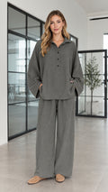 Women's charcoal grey textured henley top and wide-leg pants two-piece set front view