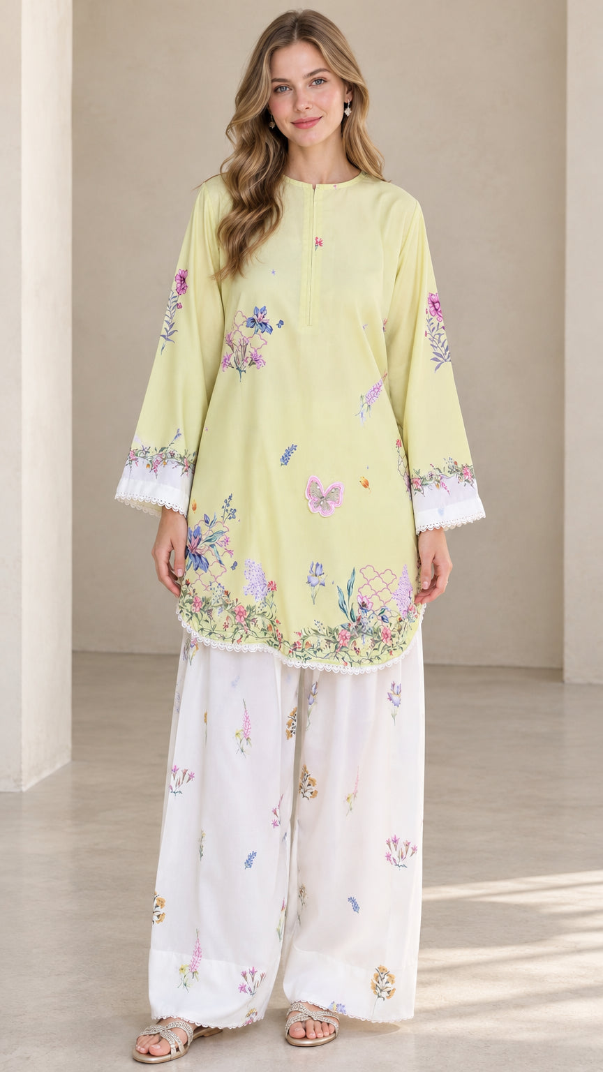 Front view of model wearing Light Yellow floral tunic and white wide leg pants set